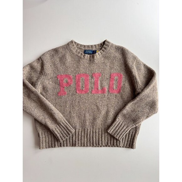 POLO RALPH LAUREN Tan Pink Logo Wool Blend Varsity Crew Neck Sweater, Size S - Picture 6 of 15